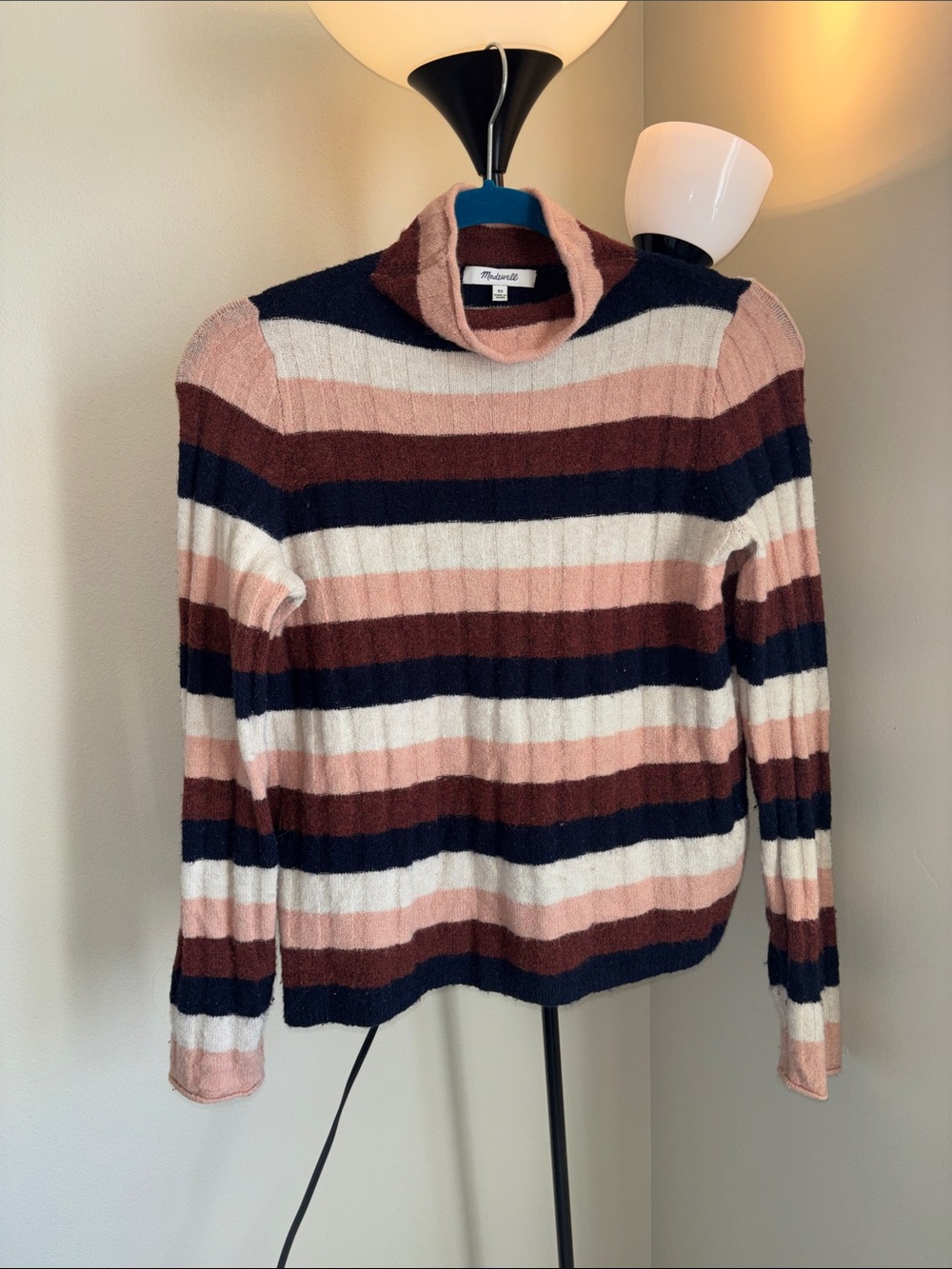Madewell Striped Cowl Neck Sweater Pink, Navy, Brown, Cream